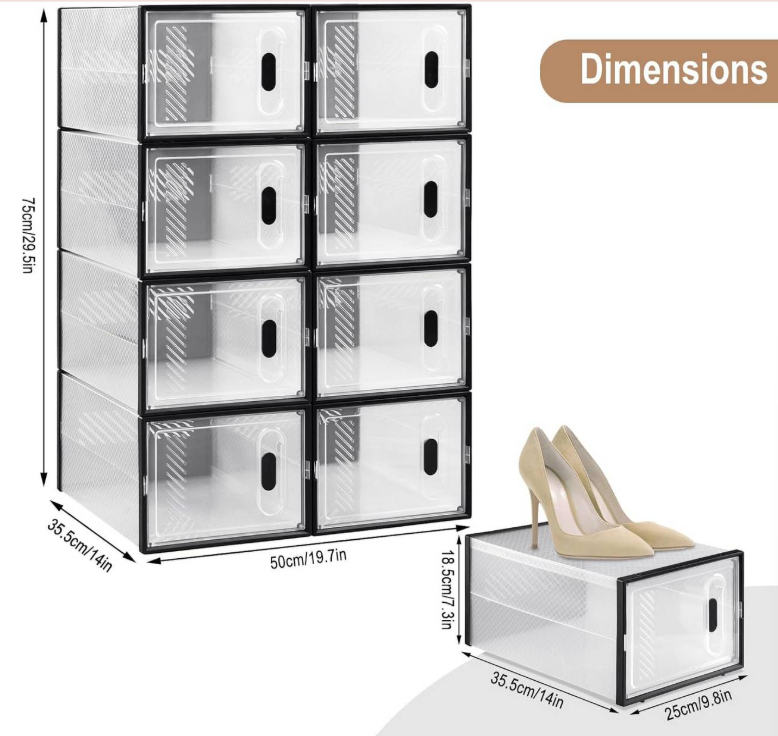 WOLTU Schuhkartons, stapelbar, 8er-Set – Schwarz/Transparent – 35 x 19 x 25 cm pro Karton