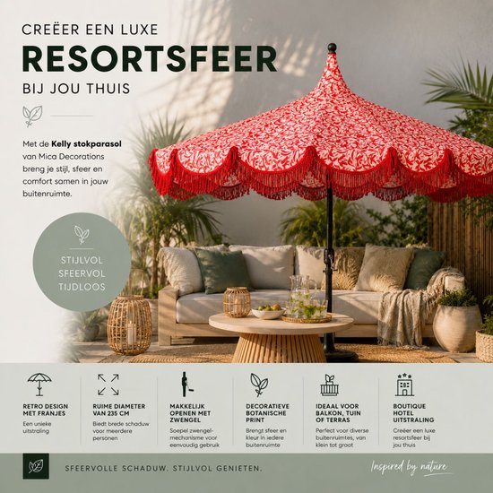 Mica Decorations Kelly Sonnenschirm mit Tragetasche – Stabsonnenschirm 238 x Ø 235 cm – Garten- oder Balkonsonnenschirm – Polyester, Stahl – Rot
