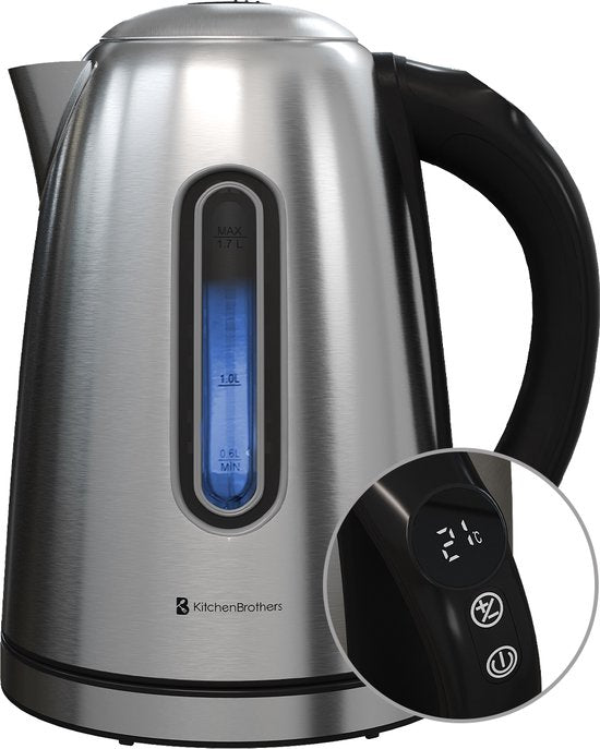 KitchenBrothers - Wasserkocher - Mit Temperaturregelung - Elektrisch - Mit Kalkfilter - 1,7L - Edelstahl