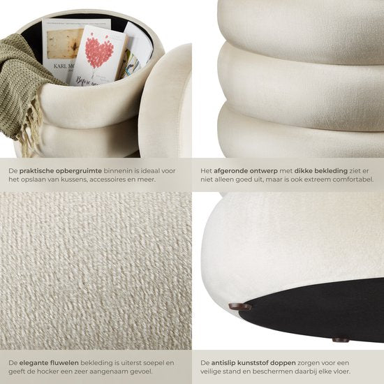 tectake - Hocker mit Ablage - Scandi Hocker Samtstoff - Runder gepolsterter Hocker für Frisiertisch, Schlafzimmer, Wohnzimmer oder als Flurmöbel - Ablagehocker - creme