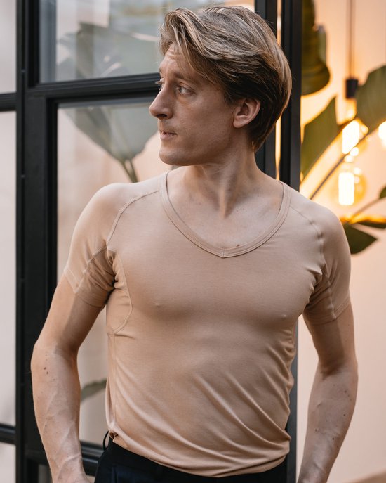Anti Sweat Shirt - Fibershirts® - Eingenähte Achselpads - Unterhemd - beige - V-Ausschnitt - Herren - Größe M