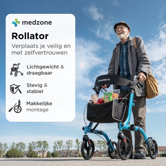 Medzone Rollator leicht und faltbar - Sitzfunktion - für drinnen und draußen - Rückenlehne und Gehstockhalterung - blau