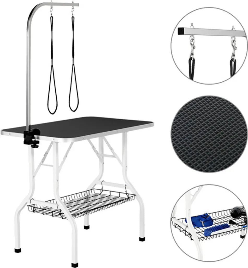 Yaheetech Hundepflege-Tisch 91 x 61 x 80 cm – Schwarz – Zusammenklappbarer Pflege-Tisch mit verstellbarem Pflegearm und Aufbewahrungskorb