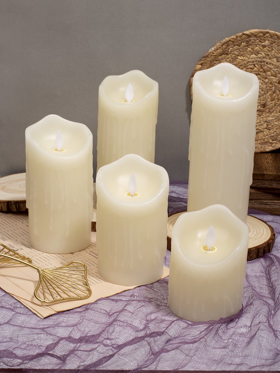 FUEGOBIRD Wiederaufladbares LED-Kerzen-Set 3-teilig - 7,5x10cm / 7,5x12,5cm / 7,5x15cm - Tränen Elfenbein - Realistische bewegliche Flamme - Inklusive Fernbedienung & USB-Ladekabel - Dimmbar & Timer-Funktion - 2025 New Style