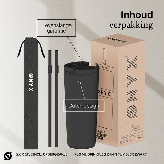 ONYX Trinkflasche mit Strohhalm 700ML - Wasserflasche für Kinder & Erwachsene - Thermoskanne Edelstahl-Reisebecher - Motivations-Trinker - Trinkbecher für die Schule - Schwarz