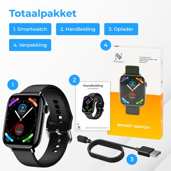 Nuvance - Smartwatch für Männer und Frauen mit Bluetooth - IP68 Wasserdicht - Geeignet für alle Smartphones - Schrittzähler und Herzfrequenzmesser - Schwarz