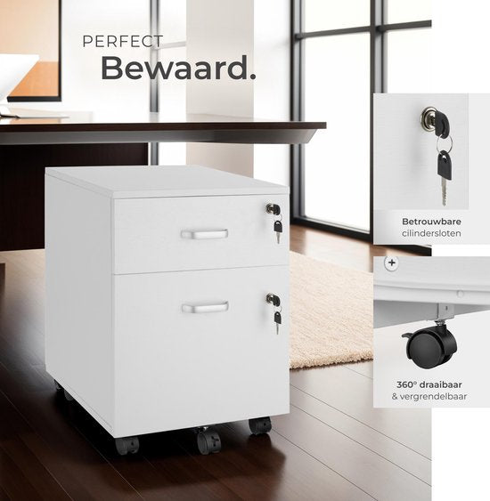 tectake Schubladenschrank - Mit 2 abschließbaren Schubladen, feststellbare Rollen - Rollcontainer - Organizer - Ideal für einen organisierten Arbeitsplatz - Büro, Arbeitszimmer, Home Office - Weiß