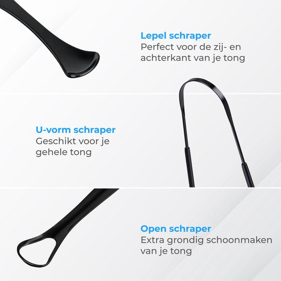 Nuvance Professioneller Zungenschaber – 3-in-1-Set – für die Mundpflege – Zungenreiniger – Zungenschaber – Tongue Scraper – Edelstahl – Schwarz