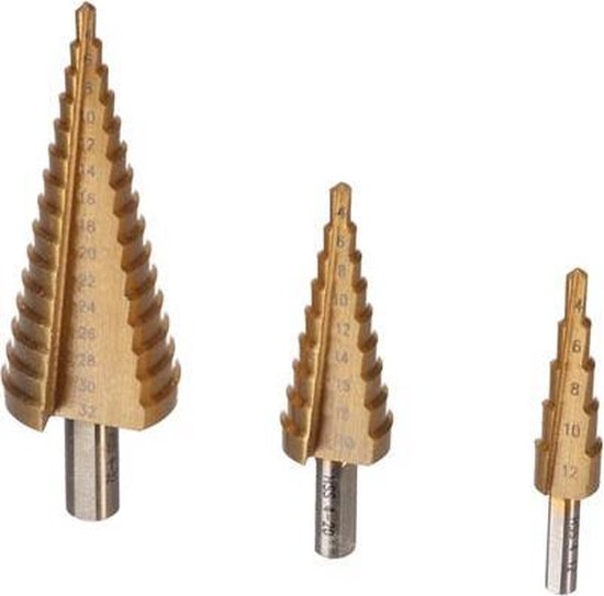 Toolland HSS-Stufenbohrer, für alle Metalle, titanbeschichtet, Satz zu 3 Stück, Größen Ø 4-12/4-20/4-32 mm