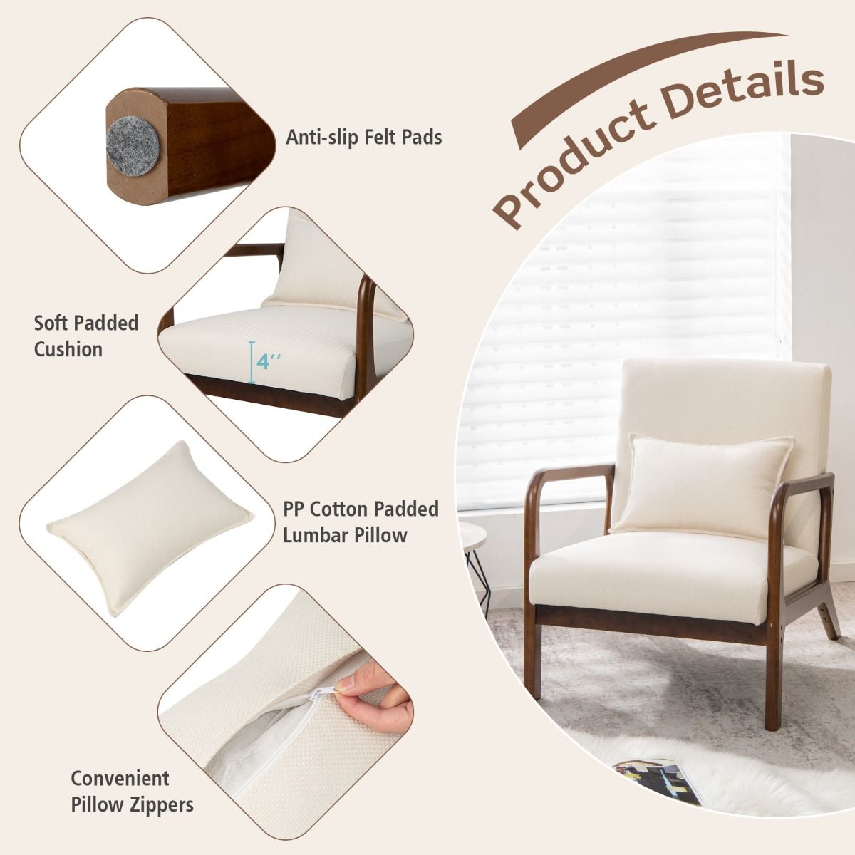 Coast Sessel Lounge Chair gepolstert mit Armlehnen, Rubberwood, Beige, 65 x 79 x 77 cm