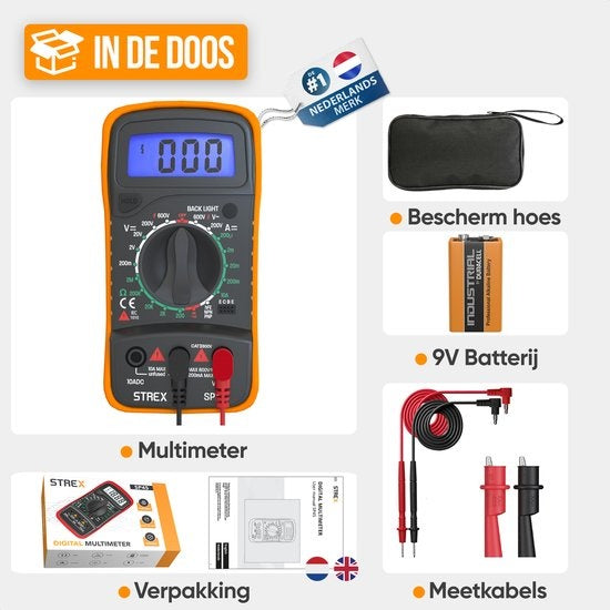 Strex - Digital-Multimeter - AC / DC - inkl. 9V Duracell-Batterie/ Zange & Aufbewahrungskoffer - Schwarz/Orange