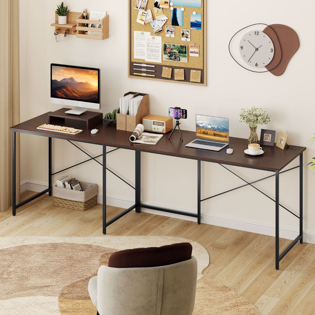 Coast Eckbüro L-förmig, beidseitig nutzbar – integrierte Steckdose – verstellbarer CPU-Halter – dunkelbraun