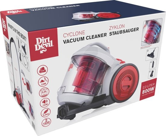 Dirt Devil Staubsauger ohne Beutel - V8221 - 800W - HEPA 12 Filter - Reichweite von 7.5M - mit Kombibürste, Kierzuugmond und Möbelaufsatz - 4.3KG - Staubsammelbox 2.2L - Grau/Rot