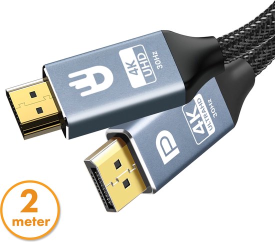 Drivv. Premium Displayport zu HDMI Kabel - 4K 30hz - Nylon - 2 Meter - Grau