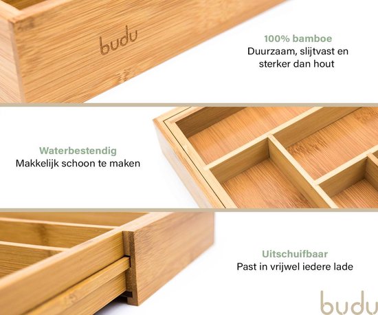 Budu Extendable Bamboo Cutlery Tray #47 (47 cm tief) - Besteckkassette Holz - Besteckschublade - 47 x 30.6 - 50 cm - 6/8 Fächer