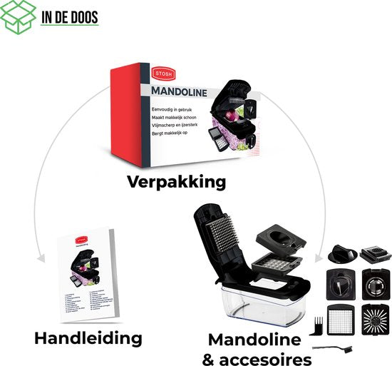 Stosh Mandoline - Gemüseschneider - Zwiebelschneider - Spiralschneider - 7 Teile - Schwarz - BPA frei