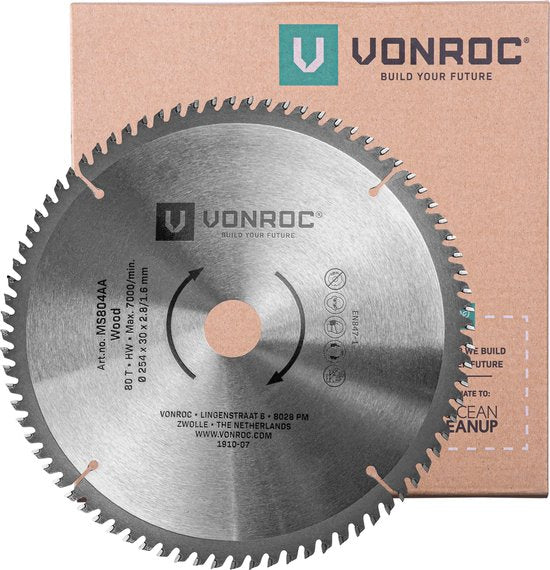 VONROC Sägeblatt - Ø254MM - 80 Zähne - für Holz - geeignet für Kapp- und Tischsägen
