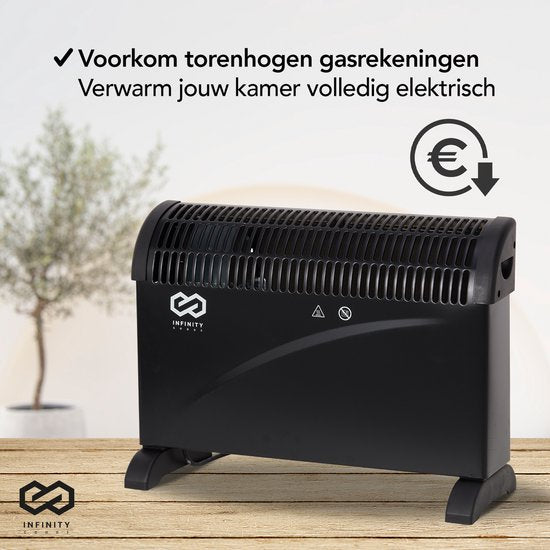Infinity Goods - Elektrischer Konvektor - Turbofunktion und Gebläse - 750 / 1500 / 2000W - Einstellbarer Thermostat - Heizkörperheizung - Überhitzungsschutz - 35m² - Schwarz
