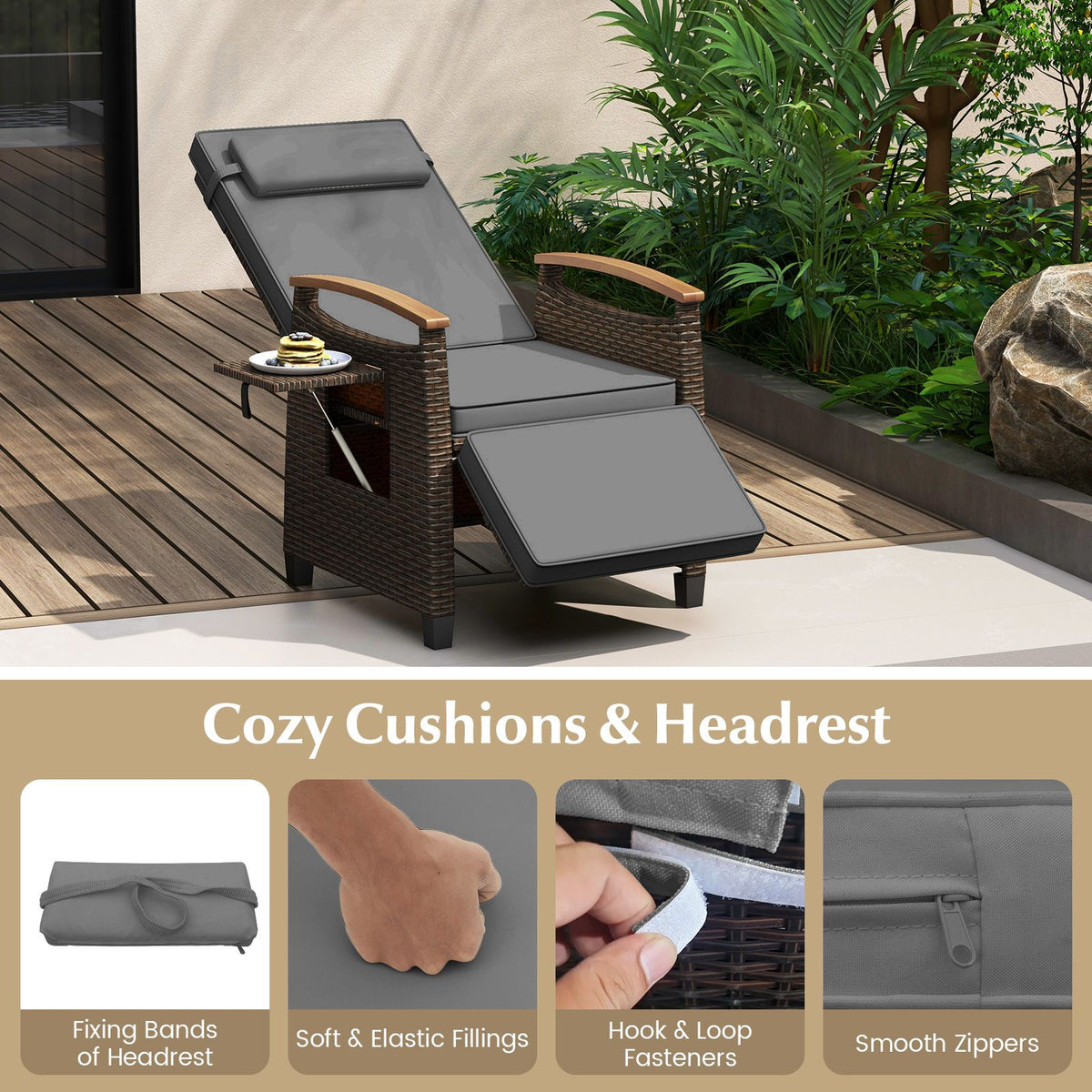 Coast Relaxsessel aus Rattan, grau – Verstellbare Rückenlehne 150° – Mit Fußstütze und Beistelltisch – 79–142 × 60 × 105–72 cm