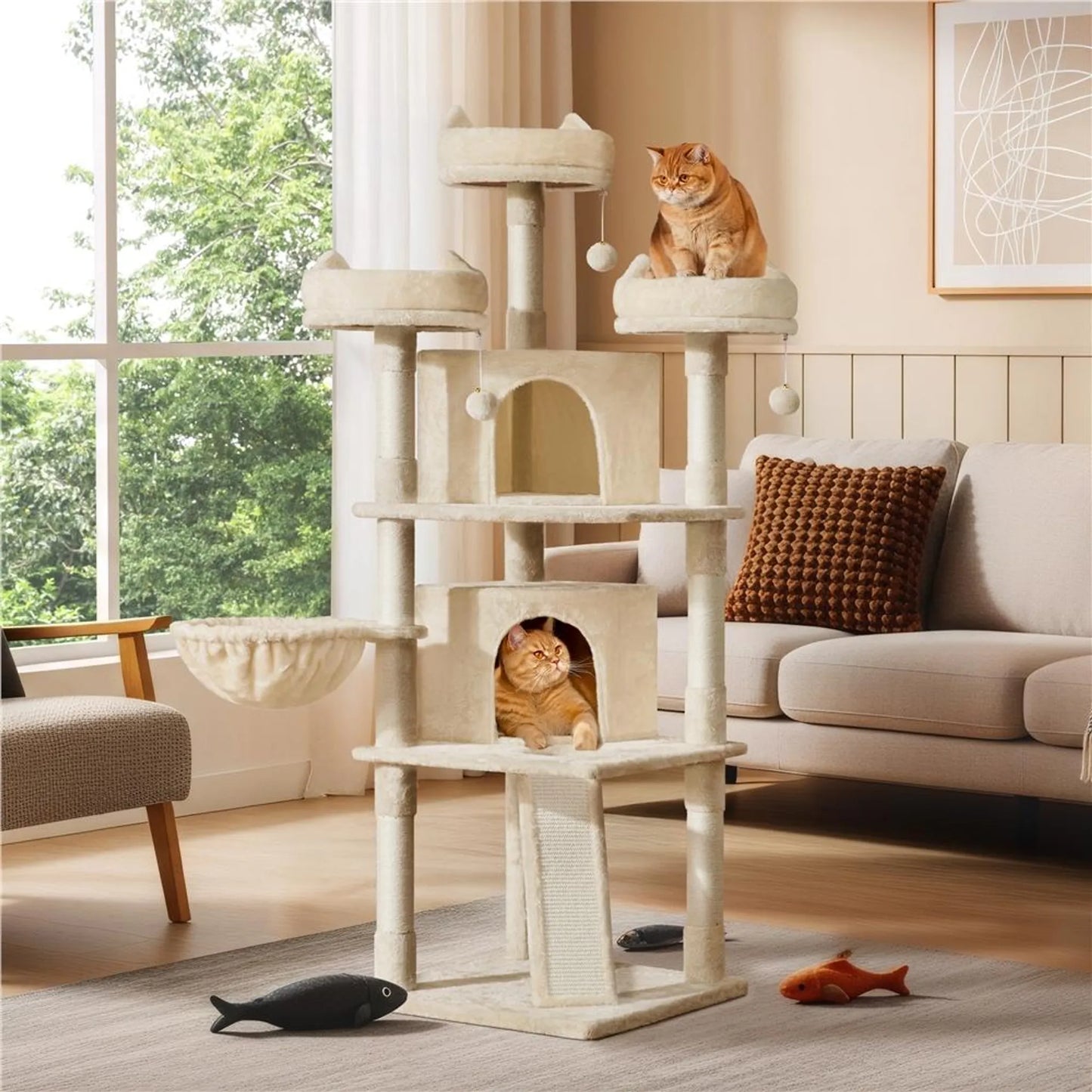 Yaheetech Katzenpfosten XXL mit 3 Aussichtsplattformen - Ausgestattet mit 2 Katzenhöhlen und Kratzbrett und Anti-Kipp-System - Für Haushalte mit mehreren Katzen - Beige Plüsch und Sisal - 55,5 x 55,5 x 175 cm