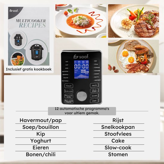 Multikocher mit Airfryer - 15-teiliges Set - 6L - 24 Automatikprogramme - Slow Cooker, Reiskocher, Dampfgarer, Schnellkochtopf - Grau - von Saaf