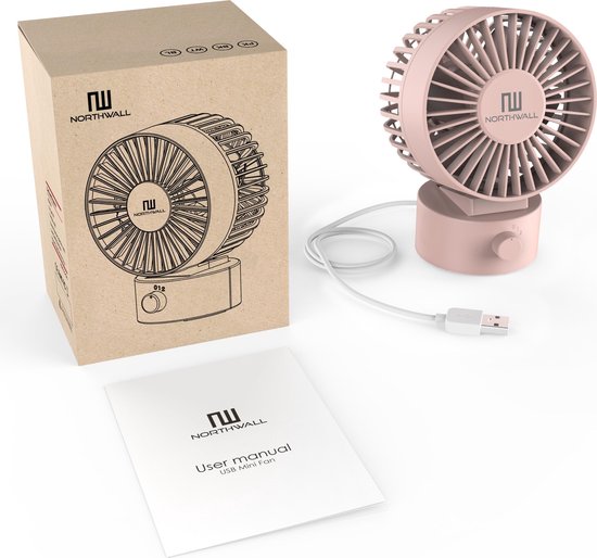 Northwall Mini-USB-Ventilator – Tischventilator in Rosa – Leiser Mini-Ventilator – Retro-Schreibtischventilator – Klein, leise und geräuschlos – Zwei Motoren – Neigbar – 2 Geschwindigkeitsstufen