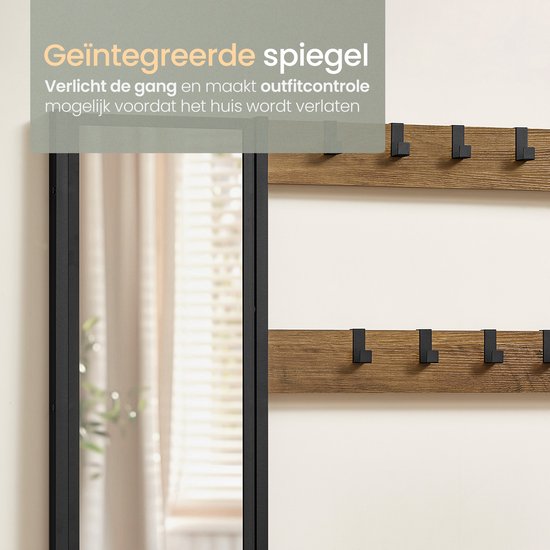 O'DADDY® Garderobe mit Spiegel - Garderobenständer - Schuhablage - Garderobenständer hochkant - Vintage Look - Schwarz und Braun - Schuhablage - Garderobenständer