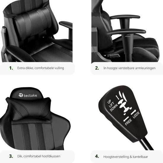 tectake - Gaming Stuhl Gaming Schreibtischstuhl Premium Racing - schwarz - Kunstleder - verstellbar - inklusive Rücken- und Nackenkissen - 402229