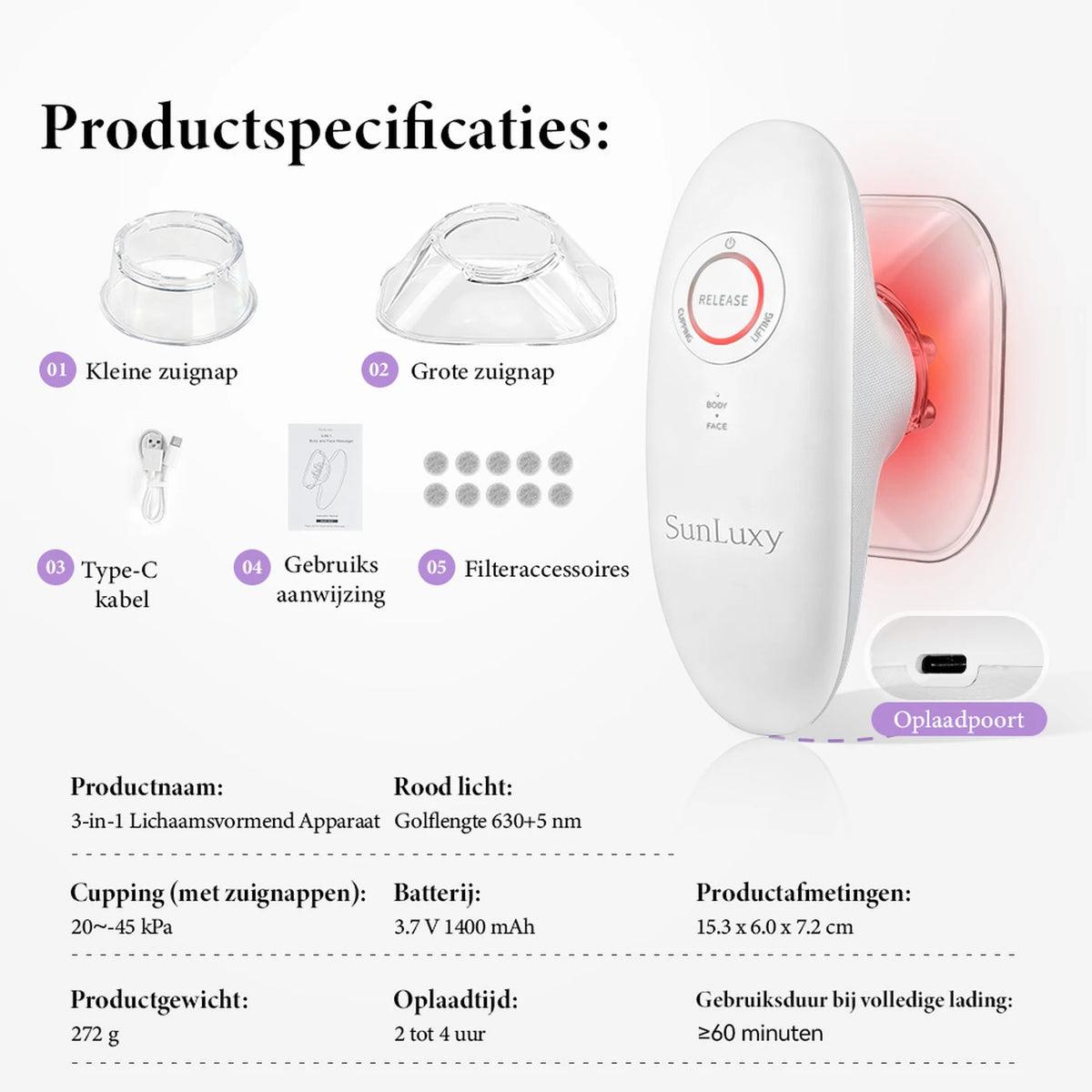 Sunluxy BCE1 Anti-Cellulite-Massagegerät – EMS + Vakuum + Rotlicht – 3 Stufen für Körper und Gesicht – Wiederaufladbar – 19,4 x 17 x 7,8 cm