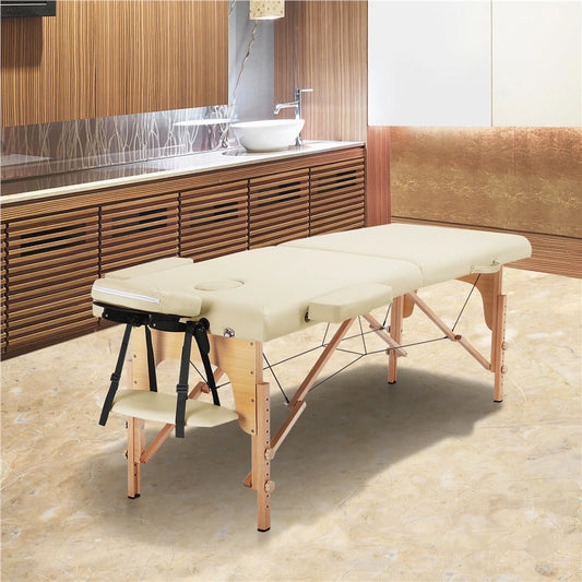 Yaheetech Klappbarer Massagetisch - 213 x 82 x 64-85,5 cm - Ausgestattet mit Buchenbeinen und verstellbarer Kopfstütze und Tragetaschenfunktion - Für Schönheitssalon und Massagestudio - Cremefarbenes Kunstleder und Holz