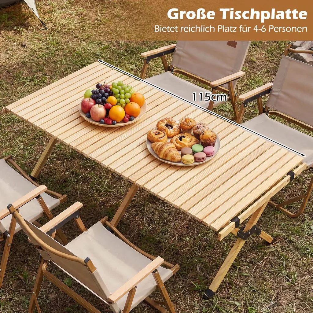 Coast Klappbarer Campingtisch 122 × 60 × 45 cm – Picknicktisch aus Holz für 4–6 Personen mit aufrollbarer Tischplatte und Tragetasche – Naturfarben