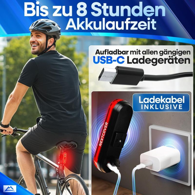 Nextcover Fahrradrücklicht - LED - Bremslicht - USB - 8U Batterie - Schwarz