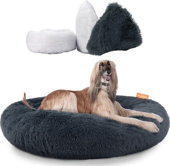 Happysnuts Donut Hundekorb 120cm - Extra groß - flauschig - Luxus Hundebett - Hundebett - waschbar - grau