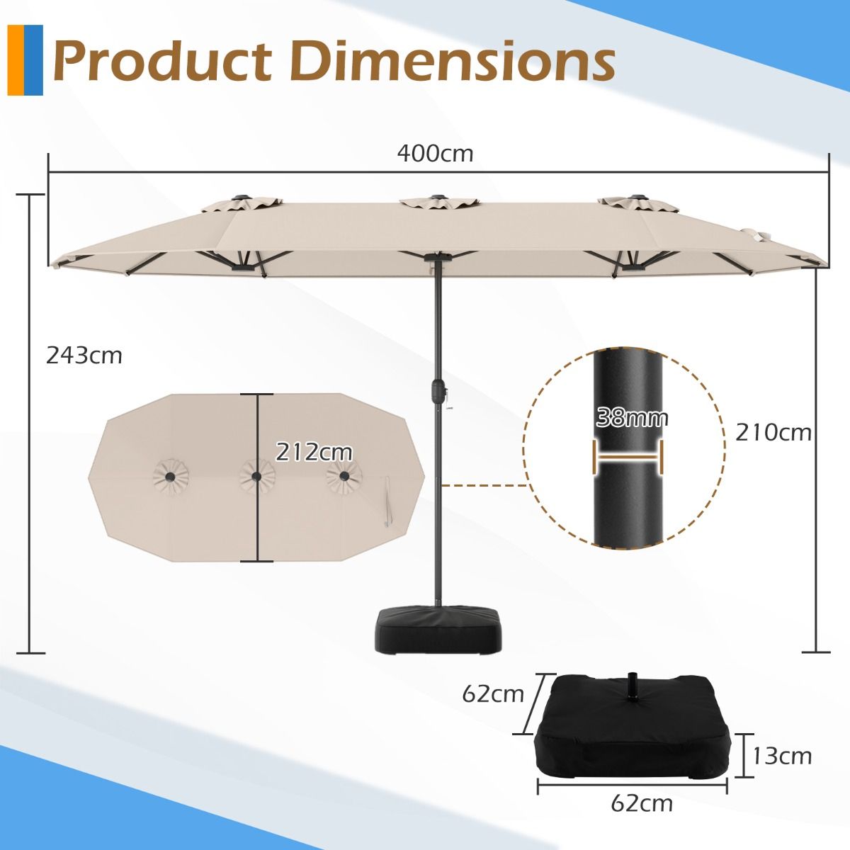 Coast Doppel-Terrassenschirm – extra groß – mit Kurbel und beschwertem Sockel – beige 400 x 212 cm