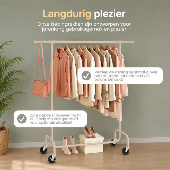 O'DADDY® Kleiderständer – Kleiderständer auf Rollen – Kleiderständer aus Metall - Kleiderständer - Kleiderständer - Garderobenständer - Kleiderstange - Kleiderständer - Ausziehbare Kleiderstange - Verstellbare Kleiderstange - Stabil bis 130 kg - Beige