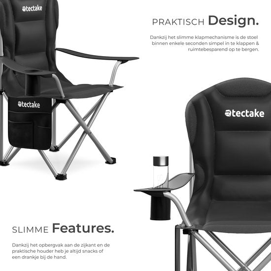 Tectake - gepolsterter Campingstuhl - Inklusive Becherhalter, Staufach und Tragetasche - Glamping-Stuhl - schwarz