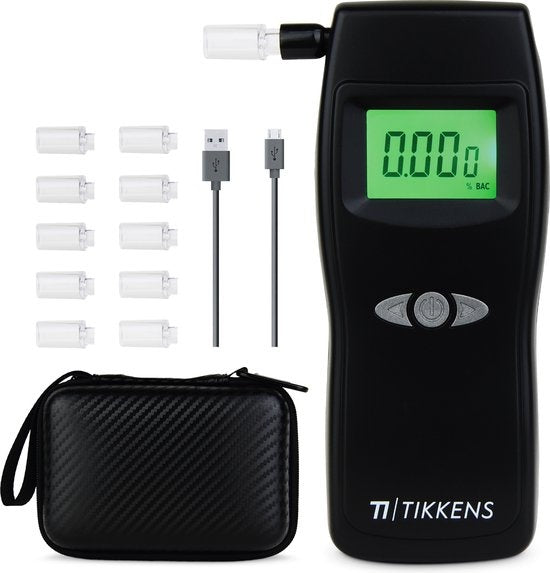 TIKKENSÂ® Digitaler Alkoholtester - Geeignet für Frankreich, Niederlande, Belgien, ... - Alkoholtest - USB Wiederaufladbar - Alkoholtester - 10 Extra Mundstücke - Schwarz