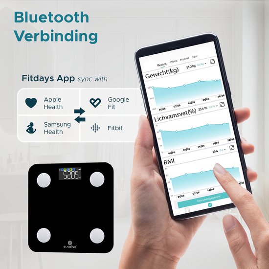 e.volve Waage Personenwaage Digital - 20 Messungen - Intelligente Waage mit Körperanalyse - Farbbildschirm - Präzisionswaage - Waage - Digitalwaage - Inkl.