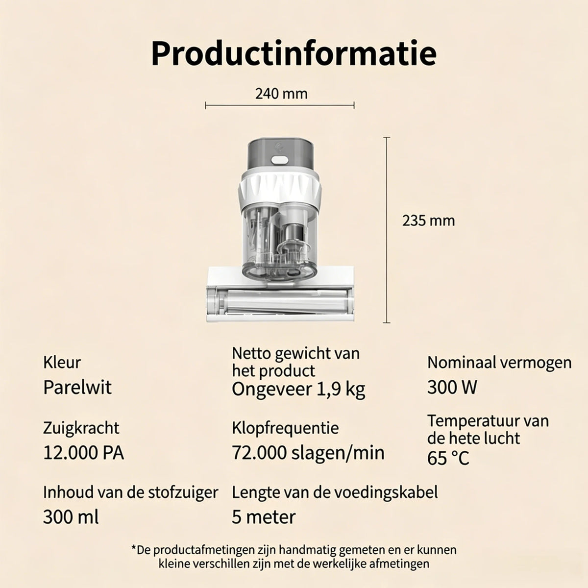 Ochama Matratzenstaubsauger mit UV-C-Licht und Heißluft – 12 kPa Saugkraft – 300 W – 24 x 23,5 cm – Weiß