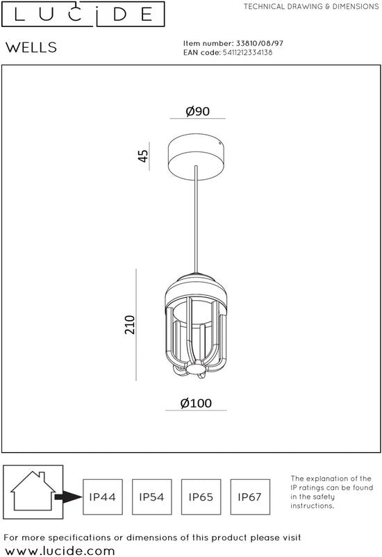 Lucide WELLS – Hängeleuchte für den Innen- und Außenbereich – Ø 10 cm – LED – 1x8 W, 2700 K – IP54 – Rostbraun | Essential