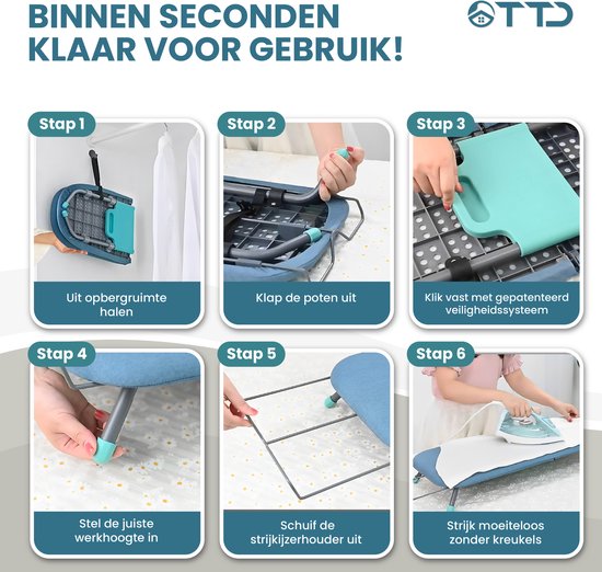 TTD® Faltbarer Bügeltisch ohne Faltleine - Inklusive Bügelbrett und Aufhängeschlaufe - Mini-Bügeltisch mit Bügeleisenhalter - Faltbarer Tisch-Bügeltisch - Kleiner faltbarer Bügeltisch