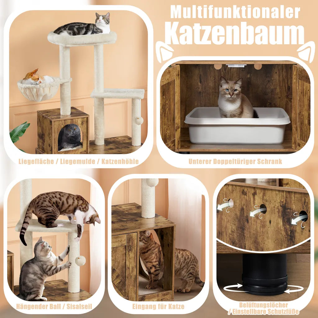 Yaheetech Kratzbaum mit Katzentoilettenmöbel 80 x 45 x 134,5 cm – Vintage-Braun/Beige – 2-in-1-Katzenmöbel mit Kratzbaum und Katzentoilettenschrank