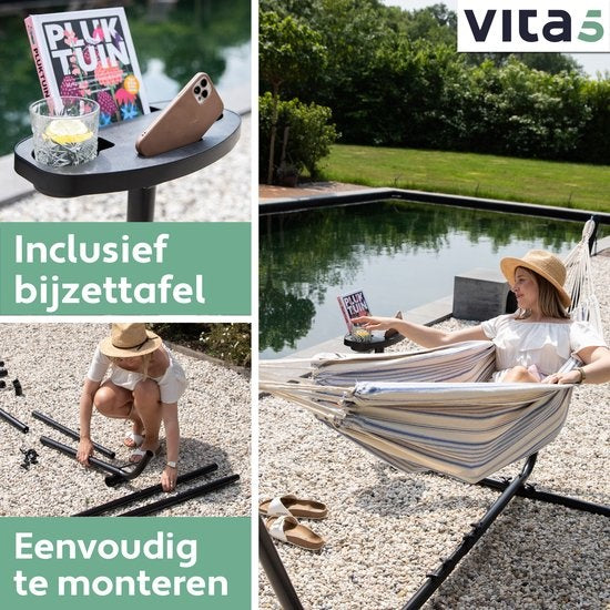 Vita5 Hängematte mit Ständer - 2 Personen - Inkl. Getränkehalter - 205kg Tragegewicht - Blau/Weiß