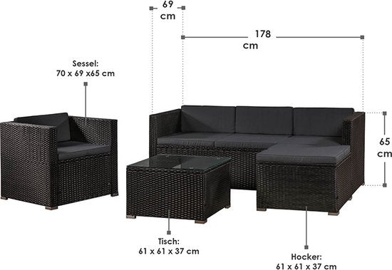 Polyrotan Lounge-Set Punta Cana L - Schwarz