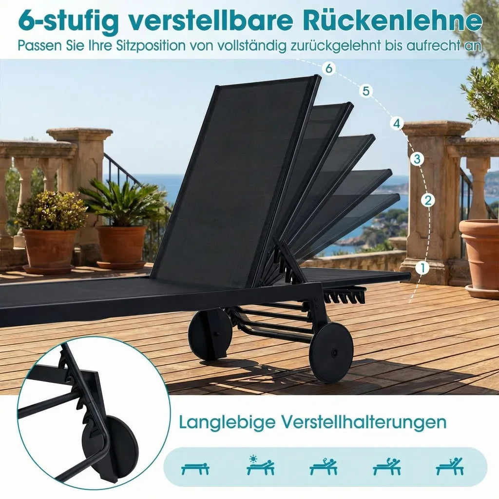 Coast Garden Loungers - Verstellbar - Räder - Schnell trocknend - 190 x 59 x 99 cm - Schwarz