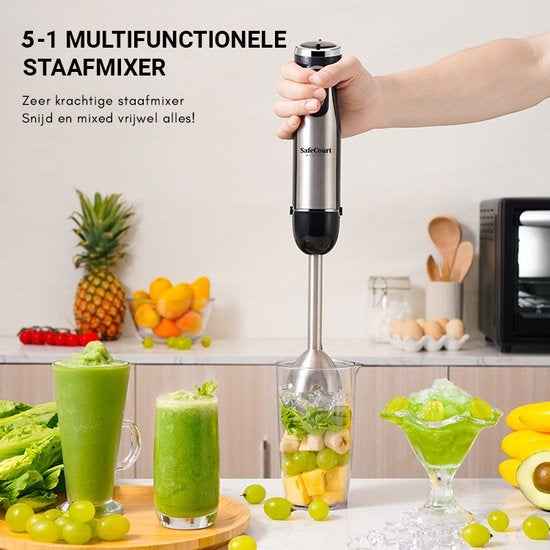 Safecourt Kitchen - 6-teiliges Stabmixer-Set - Inklusive Milchaufschäumer & Messbecher - Zerkleinerer - 1000 Watt - 20 Geschwindigkeiten