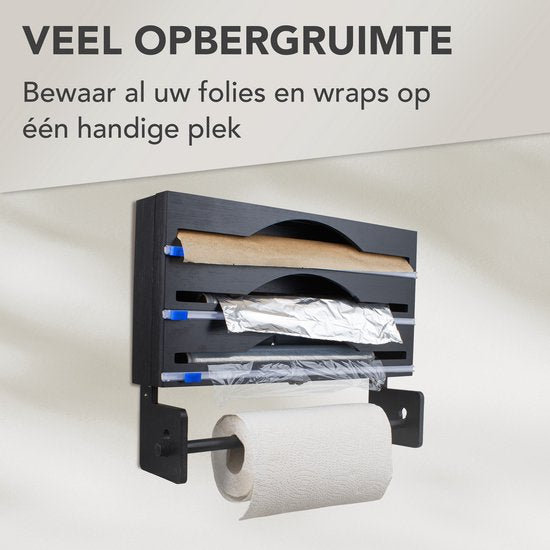 Nimma Rollenhalter - Küchenrollenhalter und Folienhalter in 1 - Inkl. Aufhängesystem und Folienschneider - Geeignet für 3 Folienrollen - Bambus - Schwarz