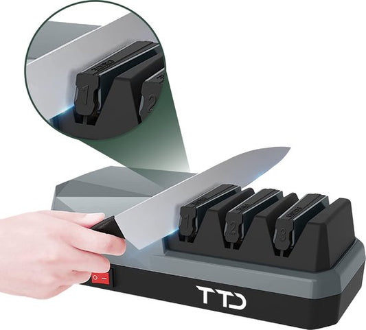 TTD® Premium Messerschärfer Elektrisch - 3 Ständer - Vorbearbeiten, Schärfen und Polieren - Anti-Rutsch - Piercing Sharpener - Messerschärfer - Wetzstahl für Messer