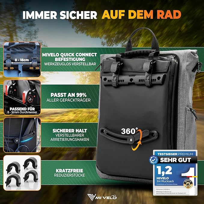 MIVELO Pannier - 3-in-1-Rucksack & Umhängetasche - Wasserdicht - 25 Liter - Grau