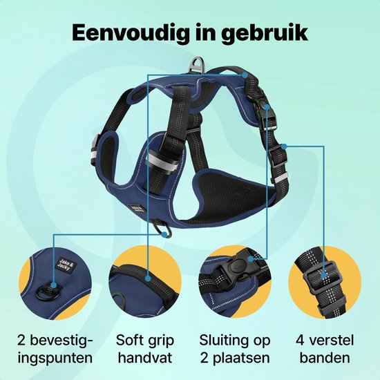 Jake und Jacky Hundegeschirr - Anti-Zieh-Geschirr - Hundegeschirr - Y-Geschirr Hund - Reflektierend - Blau - Größe M